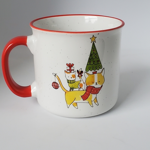 Christmas Cat Mug White Speckle Red Trim Large Ceramic Holidy Mug Prima Design - Picture 4 of 9